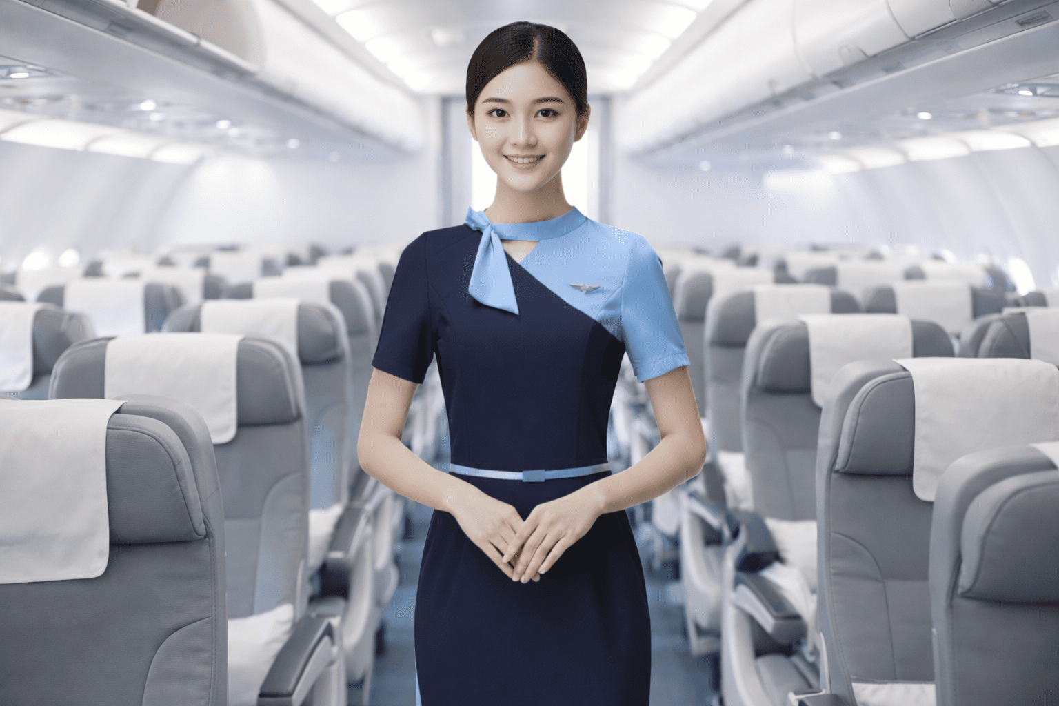 seorang pramugari berdiri di cabin pesawat