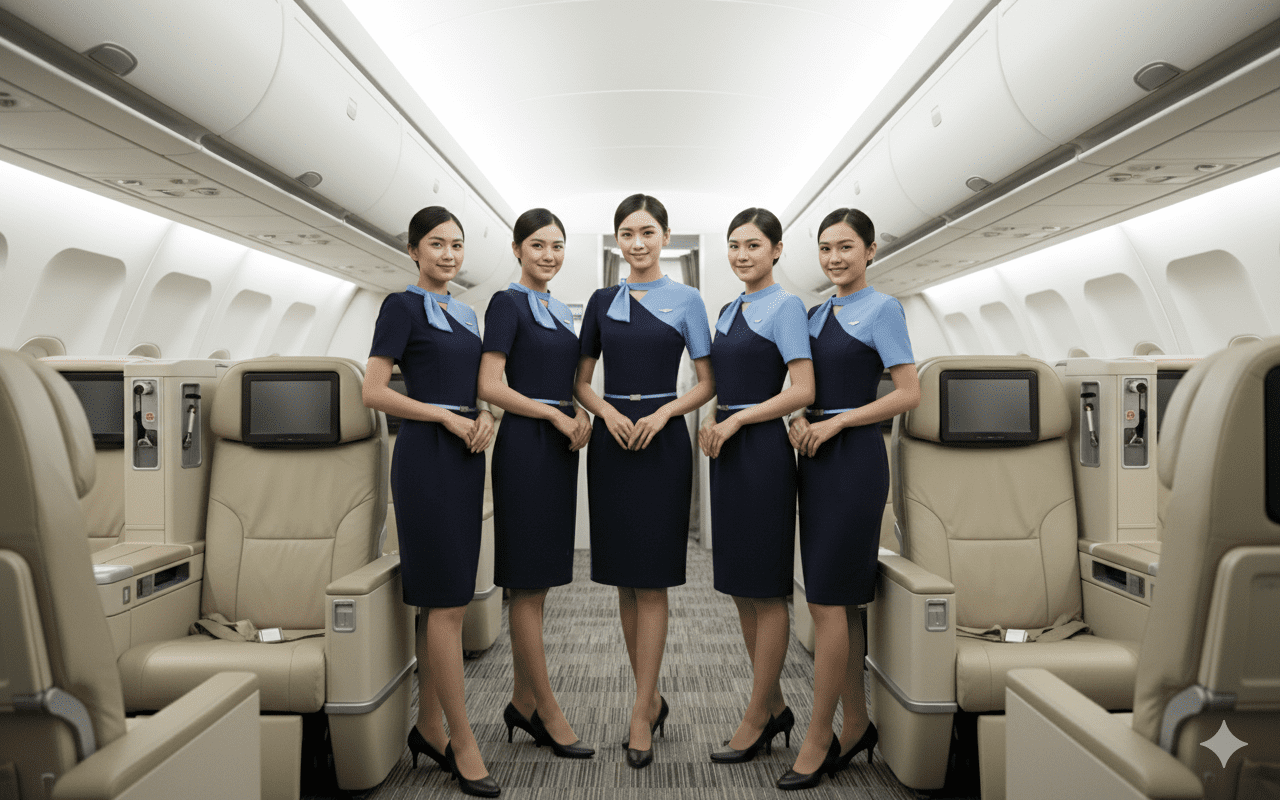 pramugari sedang berdiri di kabin pesawat