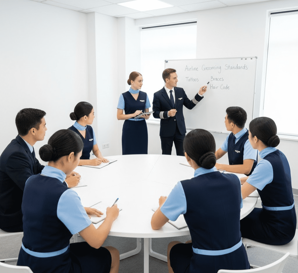gambar seorang pramugari sedang melakukan diskusi