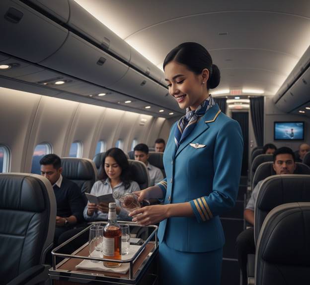 Pramugari profesional menyajikan minuman dari troli layanan kepada penumpang di kabin pesawat, menggambarkan standar pelayanan dalam penerbangan komersial