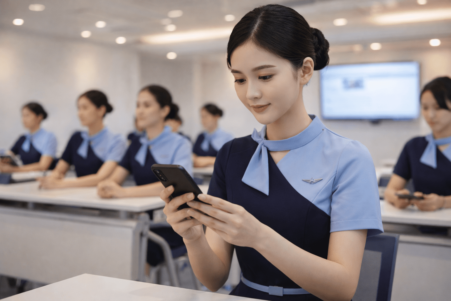 calon pramugari sedang memgang ponsel