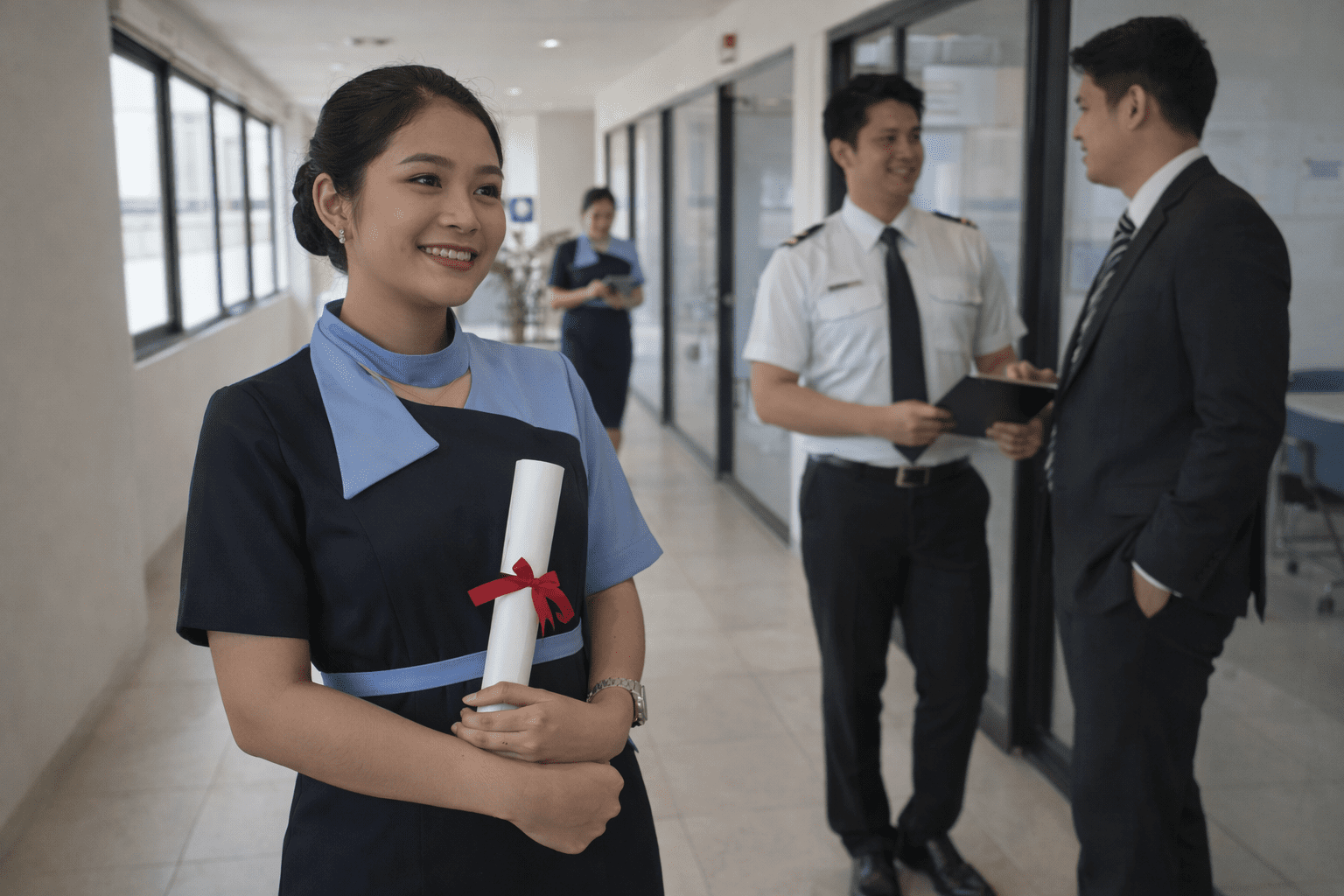 Pramugari sedang memperlihatkan apakah Bisa Melanjutkan Pendidikan Sambil Bekerja?