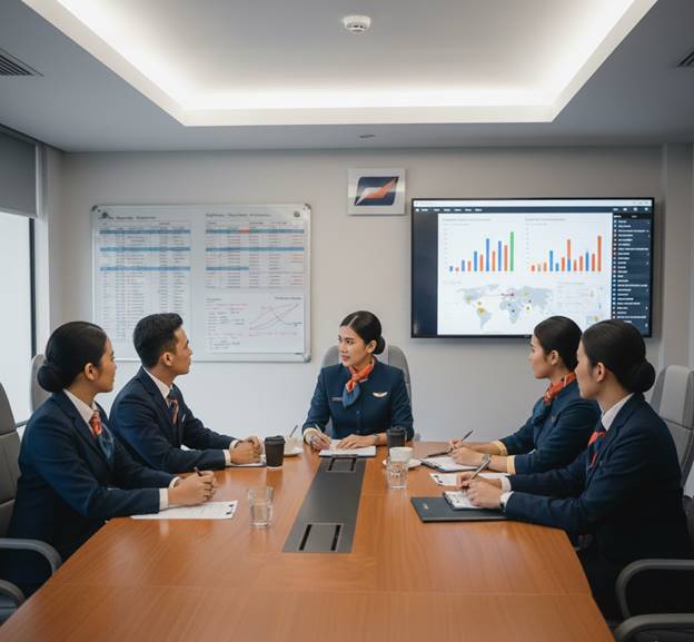 Awak kabin senior memimpin briefing tim untuk pembagian tugas dan koordinasi penerbangan.