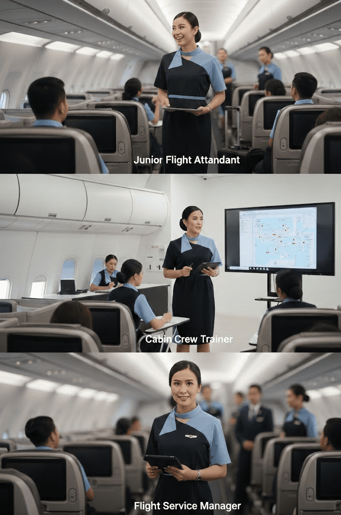tahapan pramugari dari Flight Attendant hingga flight service manager