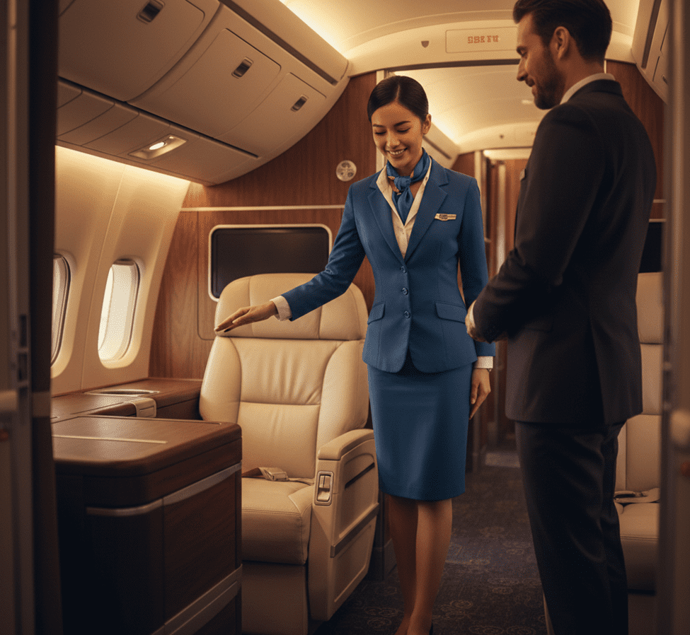 Pramugari sedang menyambut penumpang di kelas penerbangan VIP