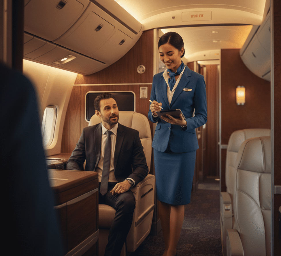 Pramugari sedang mencatat keperluan penumpang di kelas penerbangan VIP