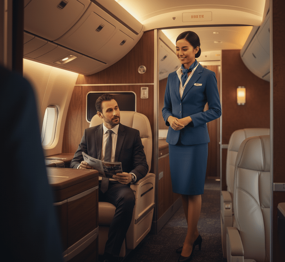 Pramugari sedang melakukan komunikasi dengan penumpang di kelas penerbangan VIP dengan profesional