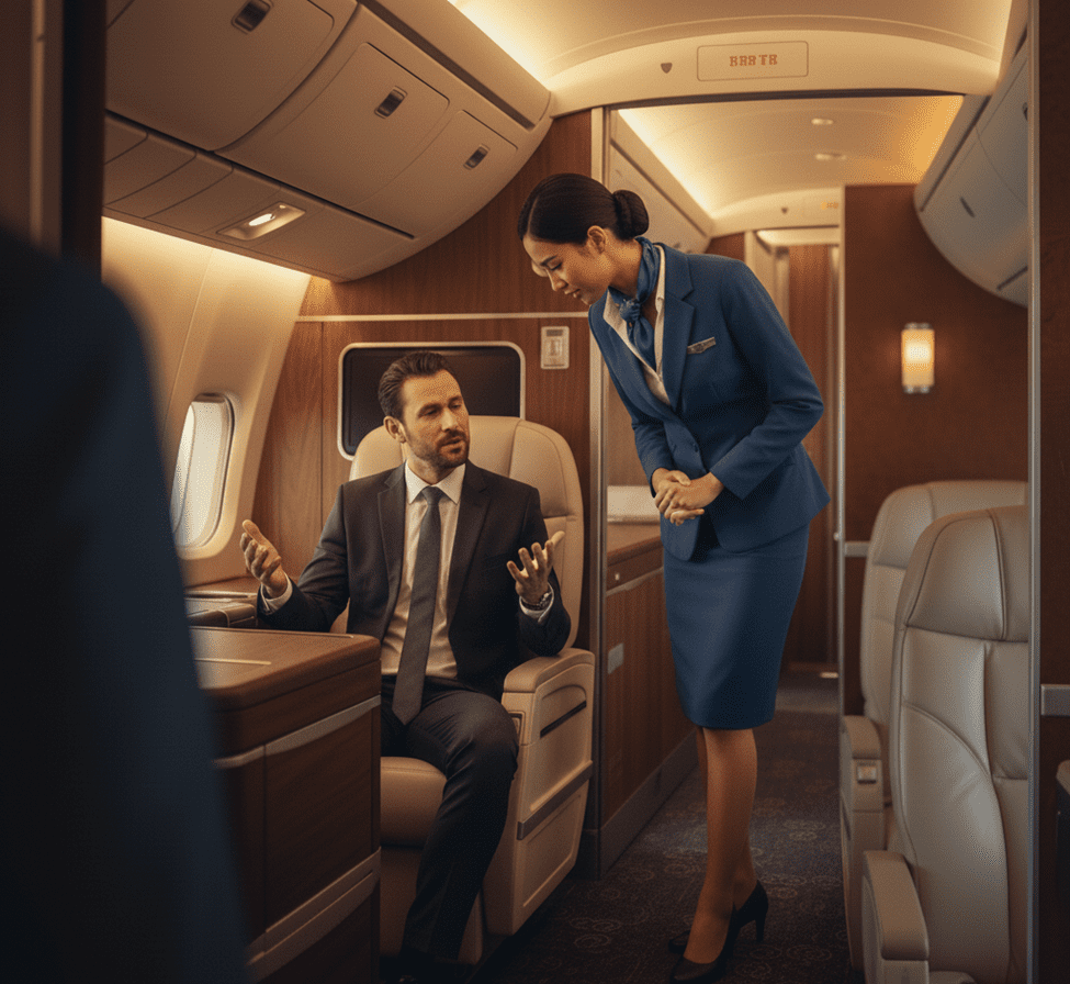 Pramugari sedang mendengarkan keluhan penumpang dengan seksama dan penuh perhatian