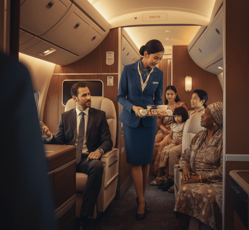 Pramugari sedang melakukan pelayanan kabin di kelas penerbangan VIP dengan berbagai penumpang yang memiliki perbedaan latar belakang budaya