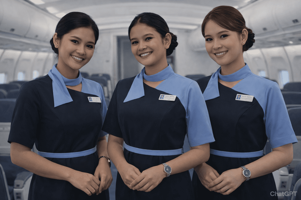 Pramugari sedang menjelaskan atau menunjukkkan "Kenapa Pramugari Selalu Tersenyum? Rahasia Profesionalitas di Udara"