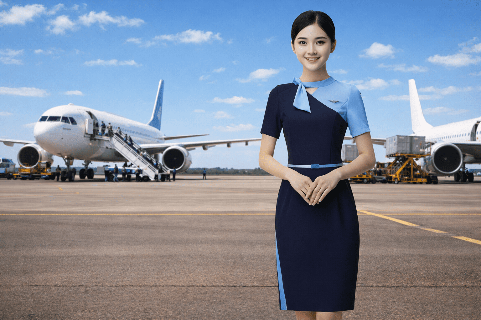 pramugari berdiri di depan pesawat