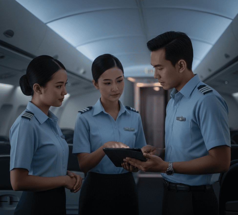 Awak kabin sedang melakukan diskusi untuk membagi tugas masing-masing kru agar pelayanan kabin dapat berjalan dengan baik