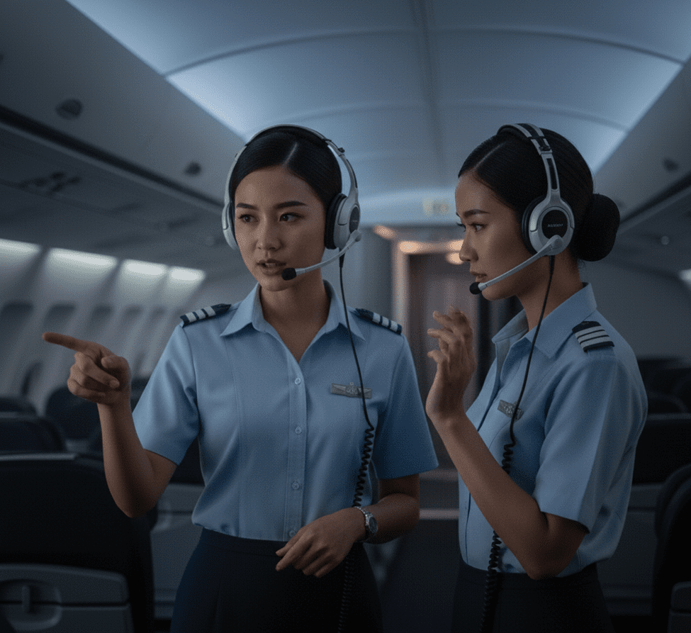 Awak kabin sedang melakukan komunikasi antar kru agar pelayanan kabin bisa berjalan dengan baik