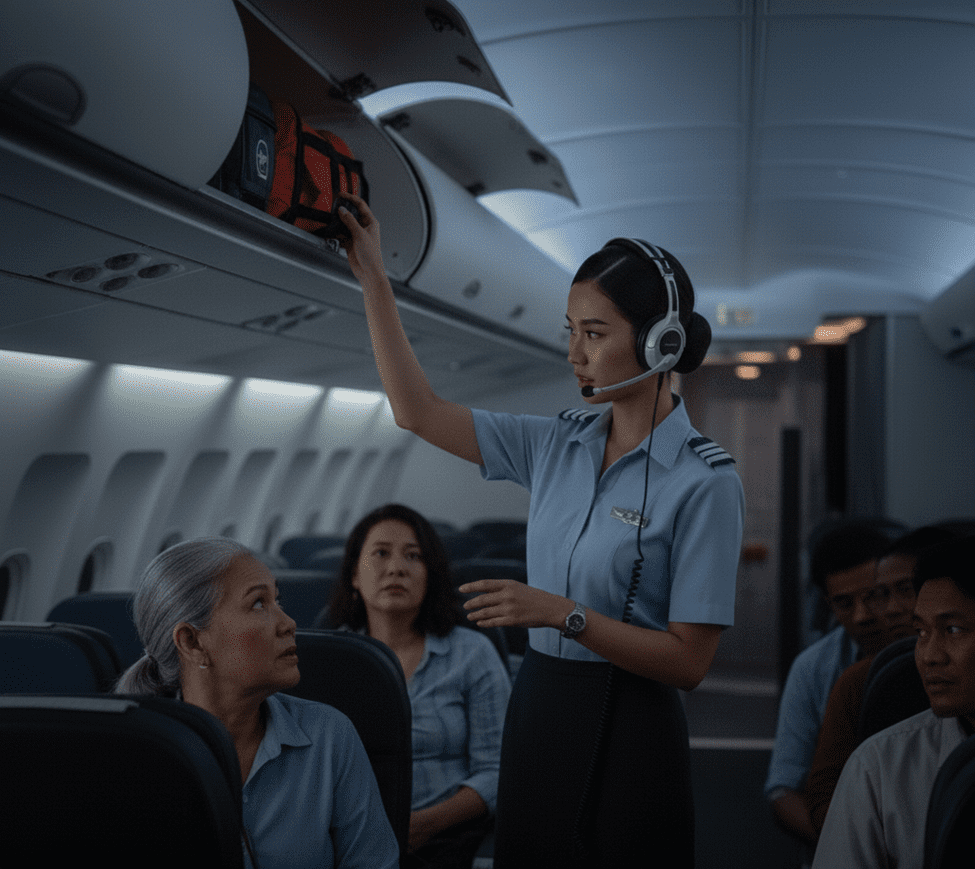 Pramugari sedang menangani keluhan penumpang