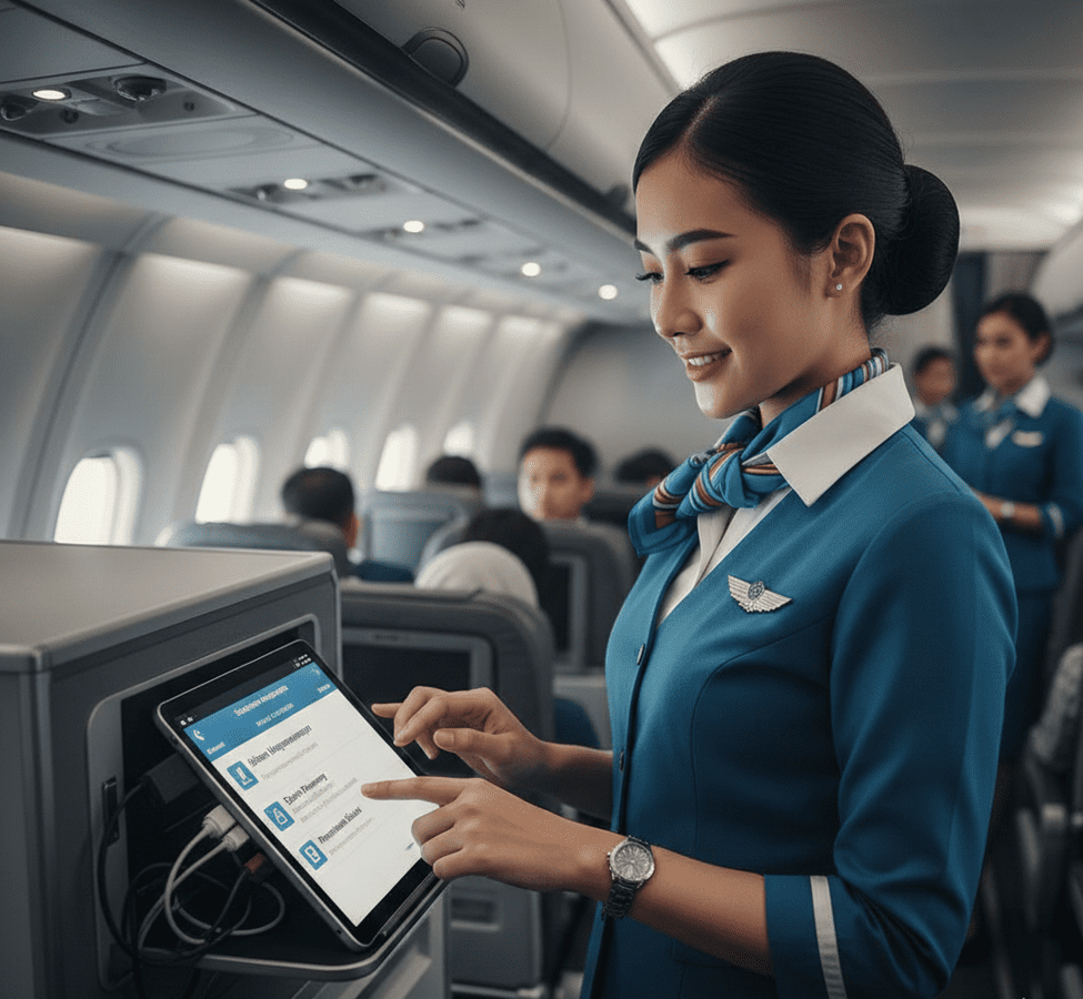 Pramugari sedang menggunakan in-flight management system kabin untuk menunjang pelayanan kabin modern