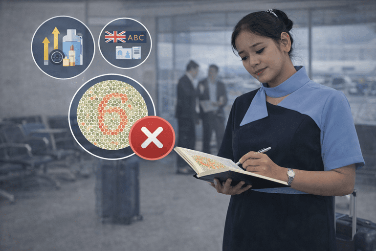 pramugari sedang menjelaskan Mengapa tes buta warna Ini Menjadi Penghalang Terbesar Calon Awak Kabin