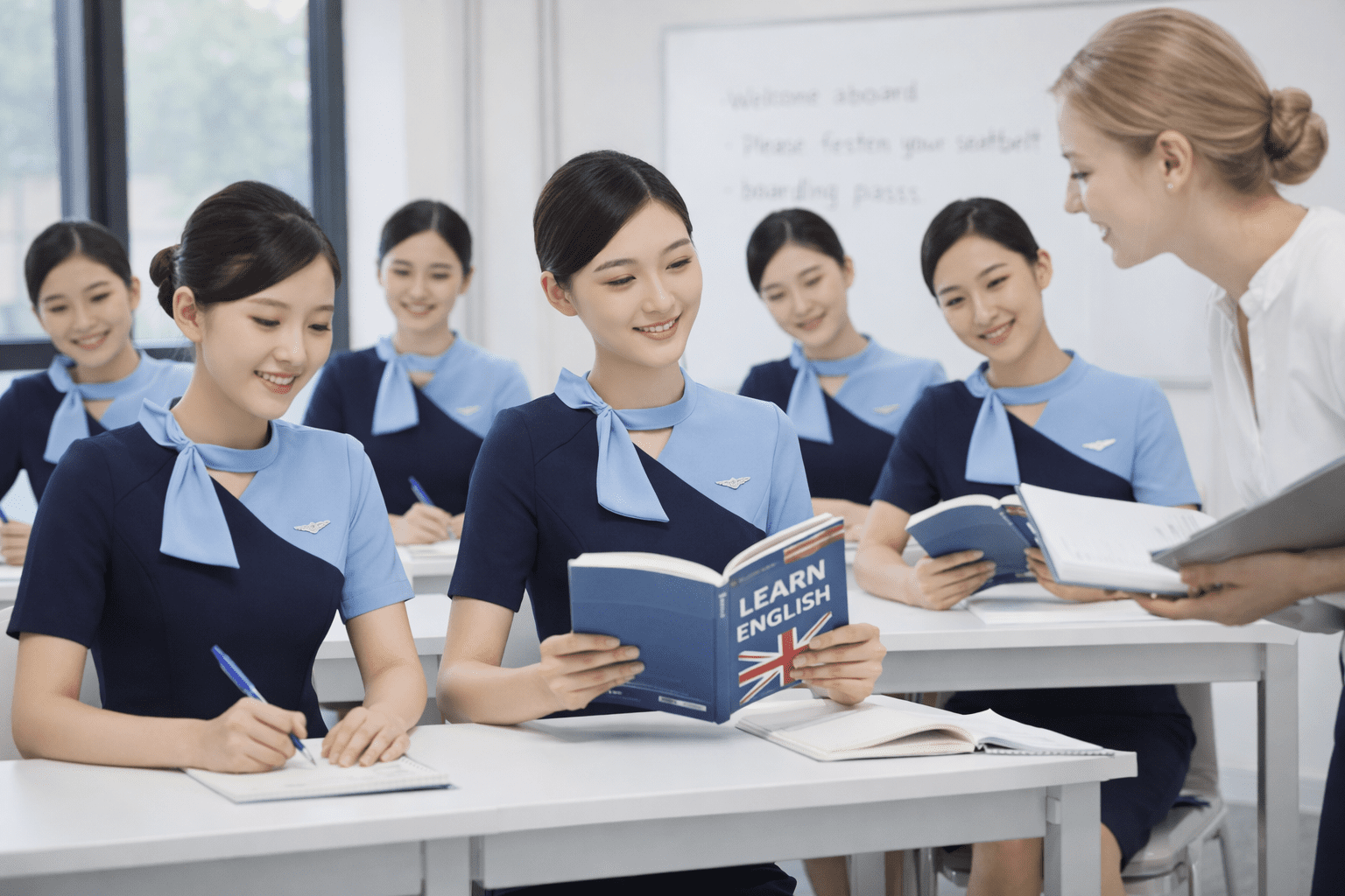 pramugari sedang belajar