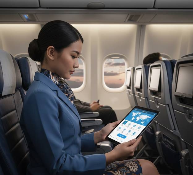 Pramugari menggunakan tablet untuk mendukung layanan digital di dalam kabin pesawat