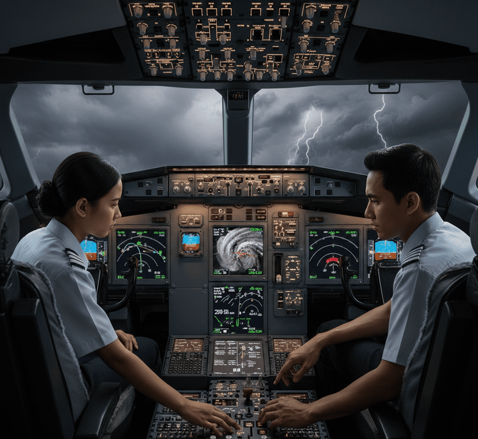 Pilot dan kopilot memantau radar cuaca di kokpit pesawat saat menghadapi badai dan petir di udara