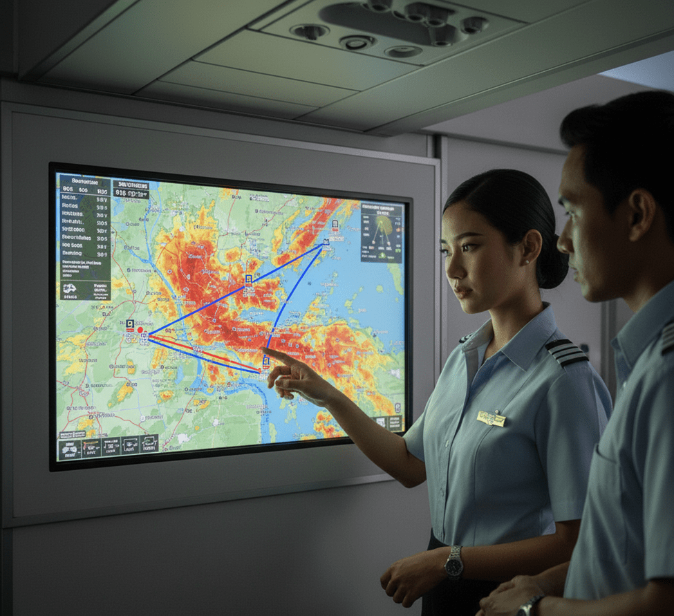 Awak kabin memantau peta radar cuaca digital untuk merencanakan rute penerbangan dan menghindari badai ekstrem.