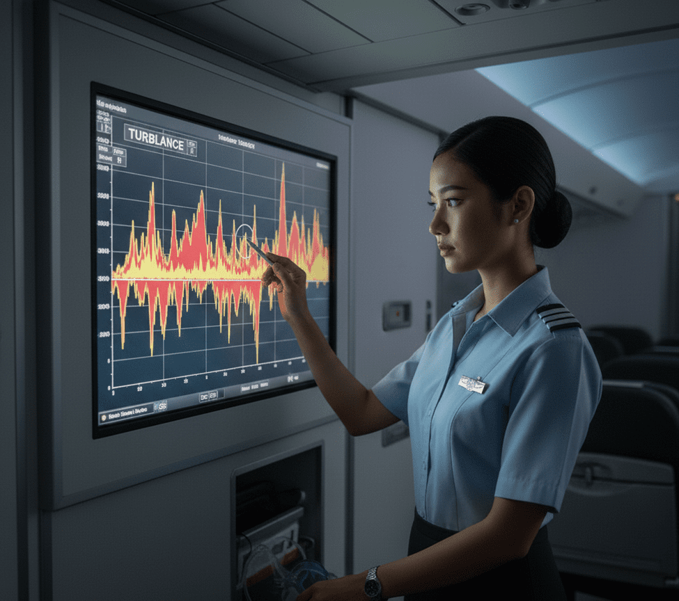 Awak kabin menganalisis grafik turbulensi pada layar sistem monitoring penerbangan untuk meningkatkan keselamatan saat cuaca buruk.