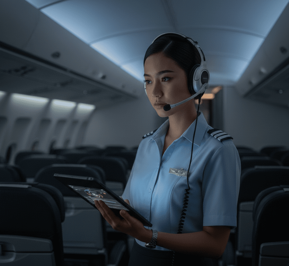 Awak kabin menggunakan tablet dan headset komunikasi untuk memantau kondisi penerbangan dan memastikan keselamatan penumpang saat cuaca ekstrem.