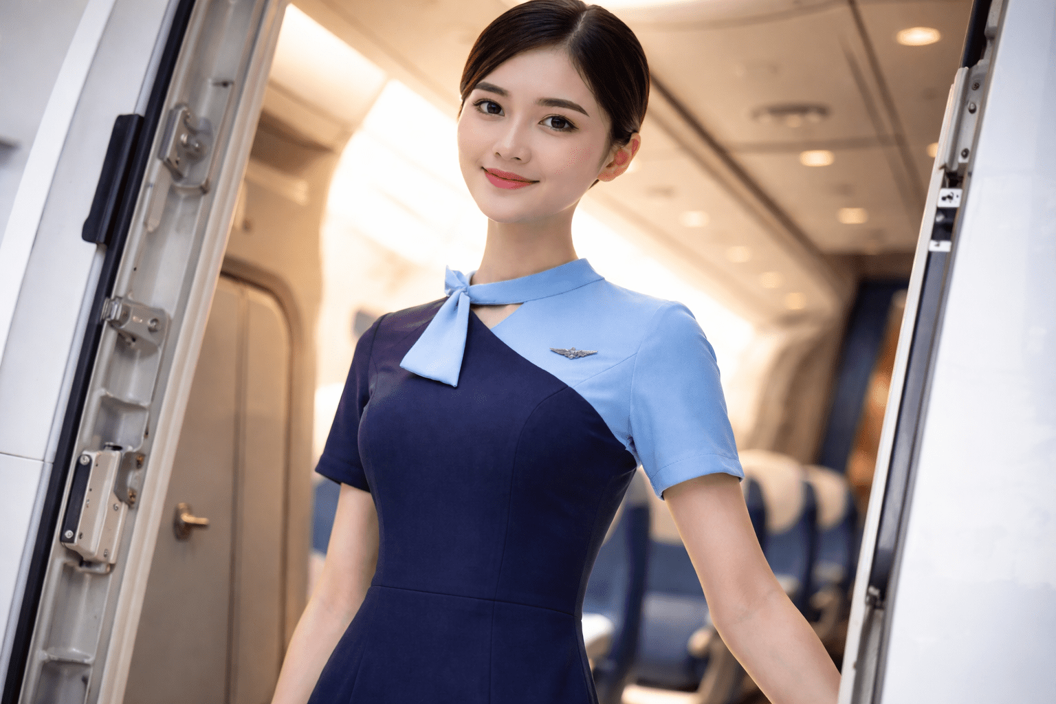 pramugari sedang berdirii di dekat pintu pesawat