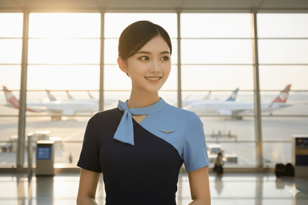seorang pramugari muda berdiri percaya diri