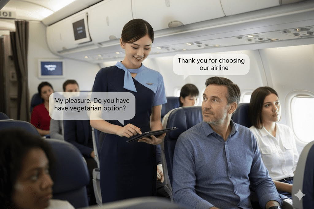 pramugari sedang berbicara dengan penumpang luar negri