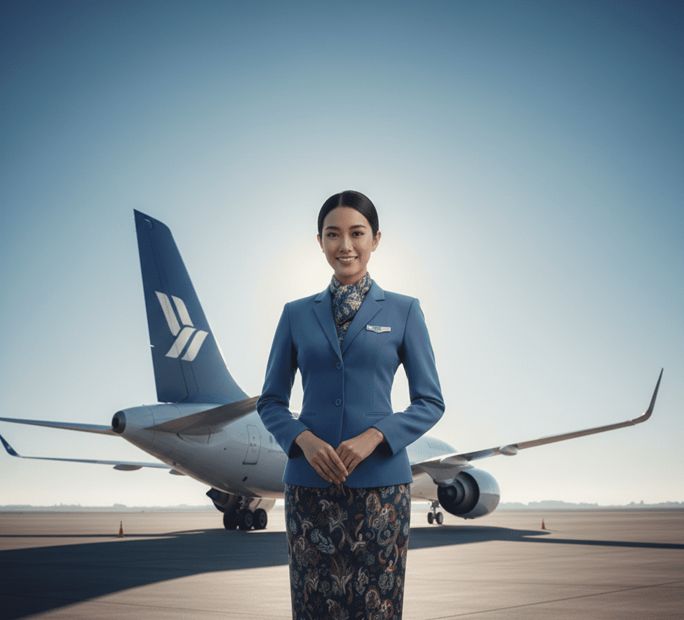 Pramugari profesional berdiri di depan pesawat komersial setelah menyelesaikan pelatihan sertifikasi dan lisensi cabin crew