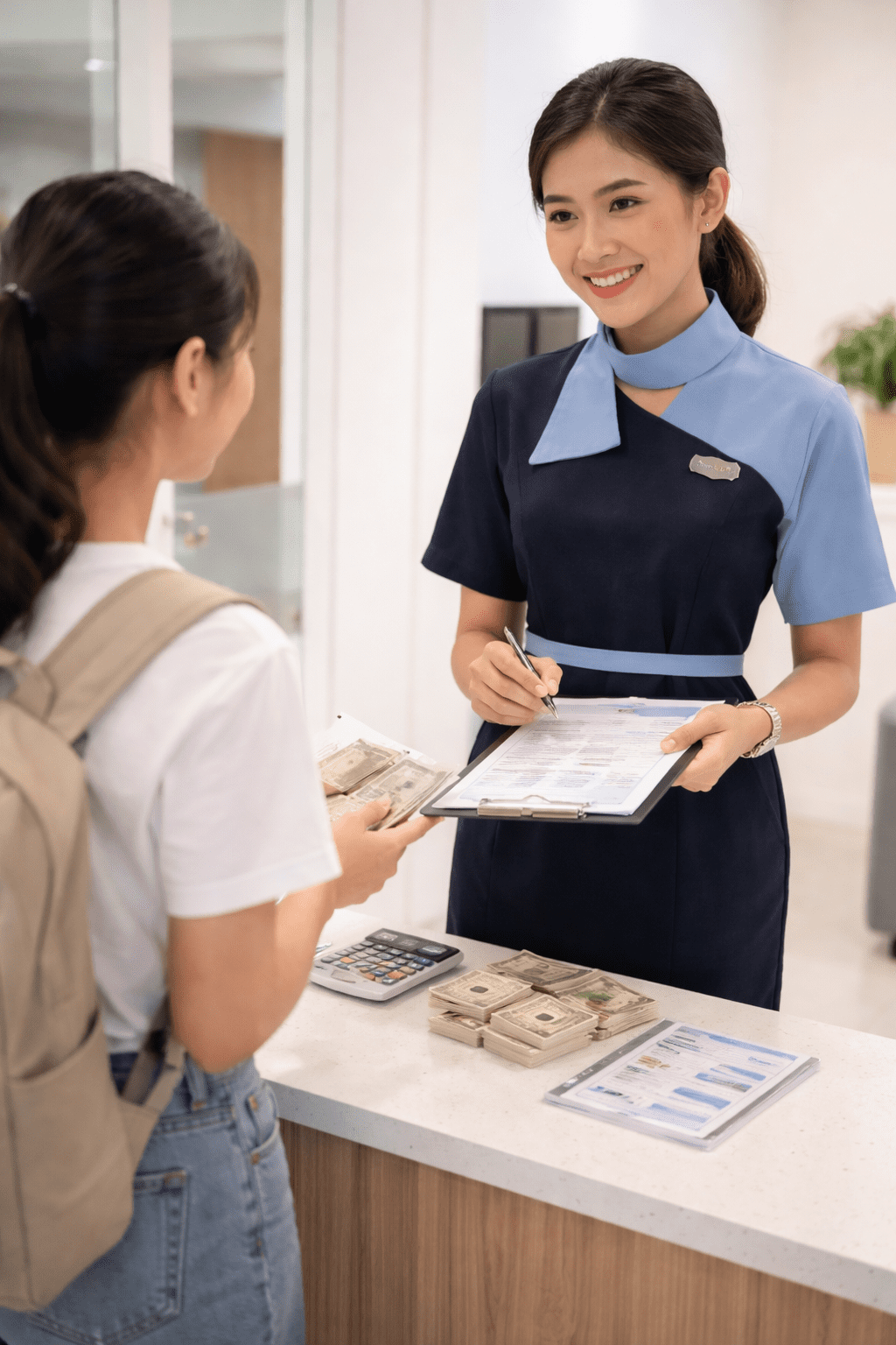 pramugari sedang menjelaskan kepada siswa jika pembayaran kini menyediakan sistem pembayaran yang lebih fleksibel agar pendidikan tetap bisa dijangkau tanpa harus membayar lunas di awal.