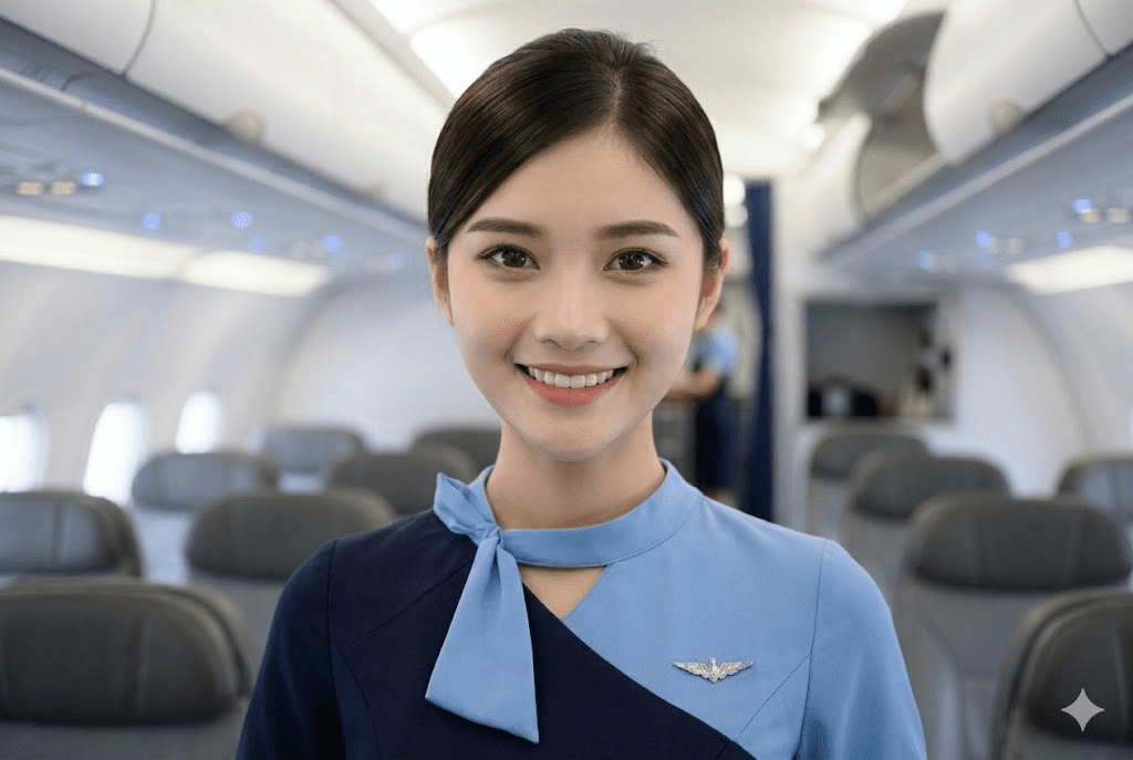 pramugari tersnyum lebar berada di dalam kabin pesawat