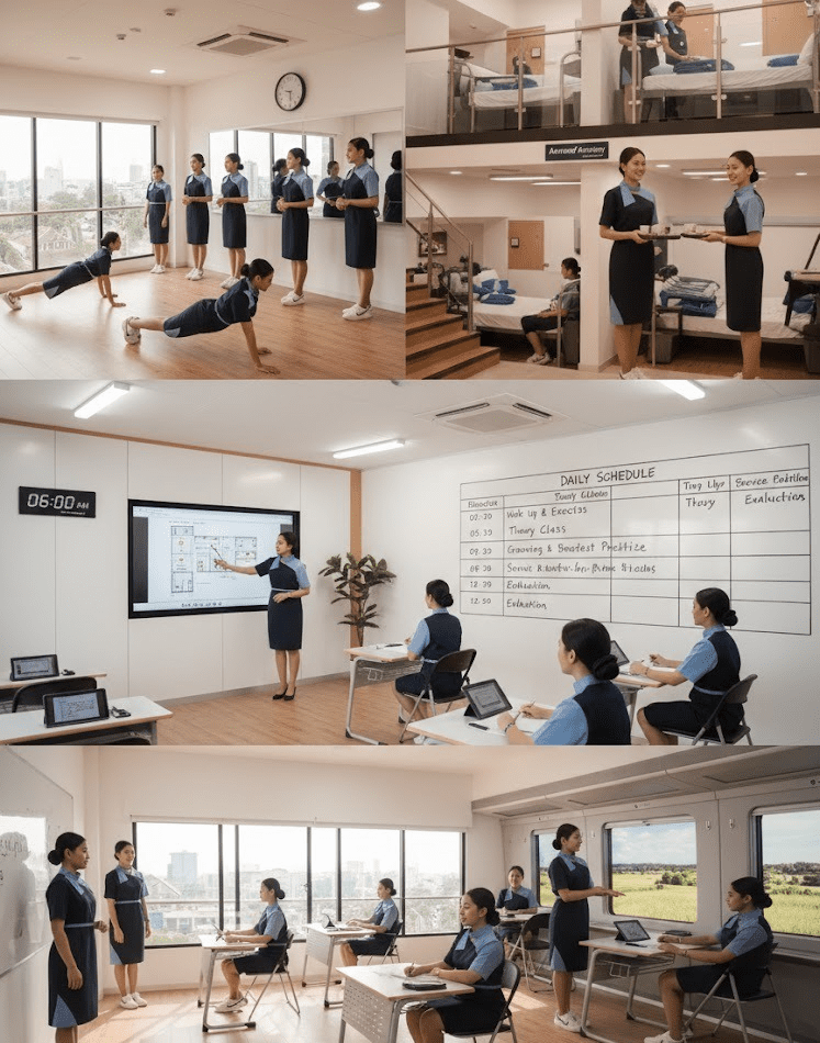 pramugari sedang meunjukkan kelas pramugari yang sudah ada asramanya