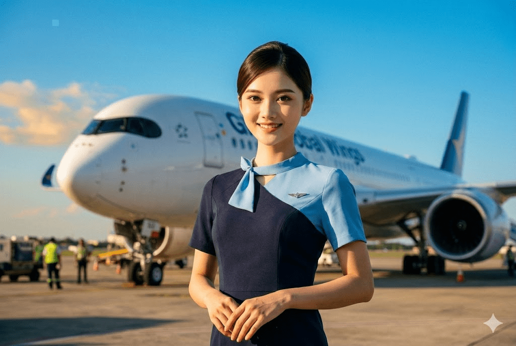 pramugari beridri di depan pesawat
