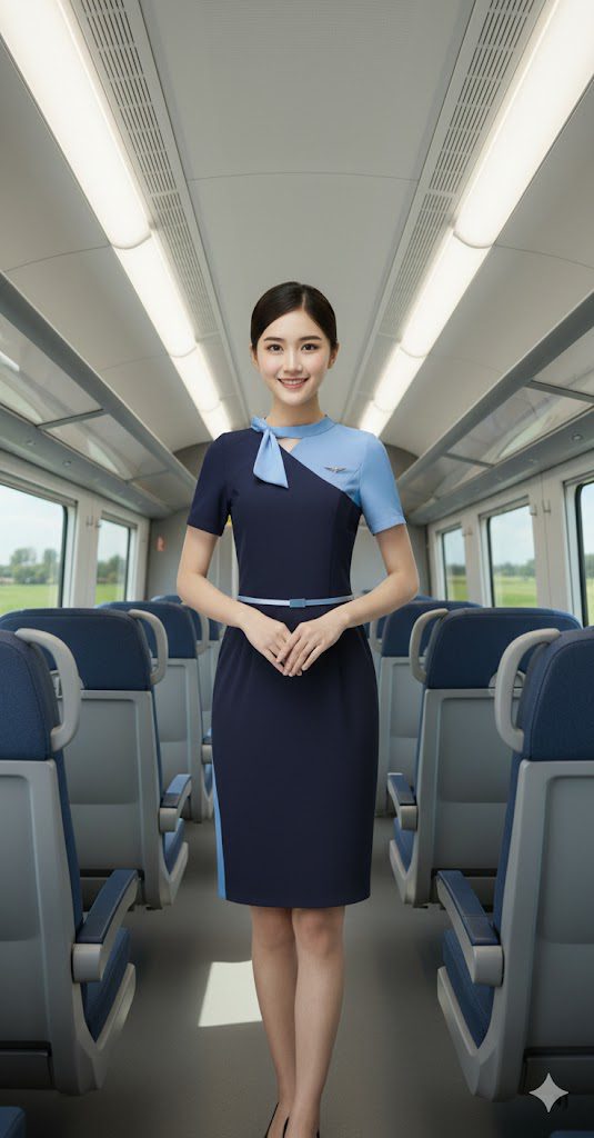 pramugari berdiri di dalam cabin kereta api