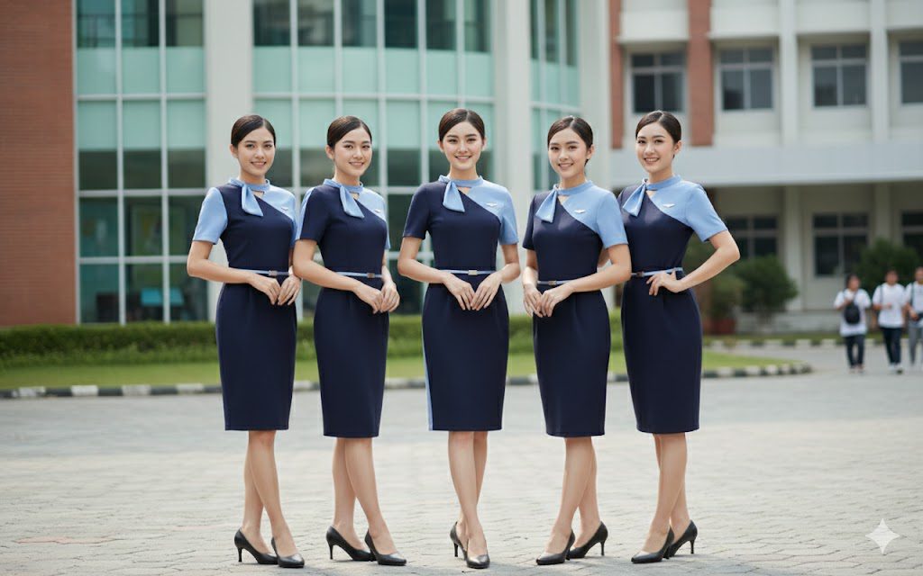 calon pramugari berdiri di depan kampus