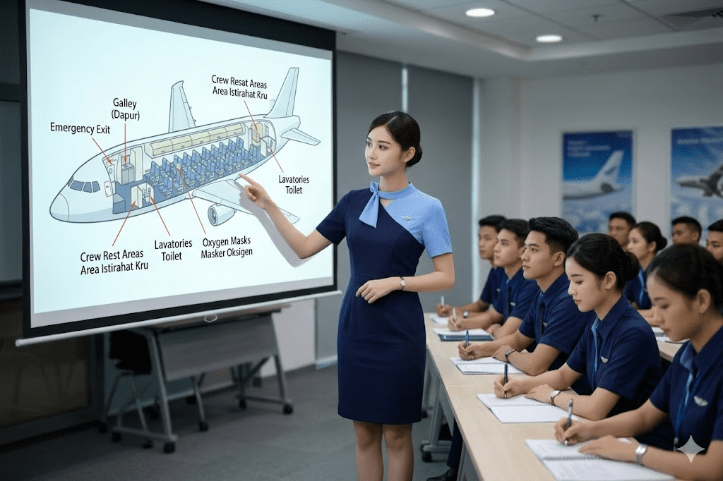 Suasana kelas sekolah pramugari dengan pelatihan keselamatan penerbangan