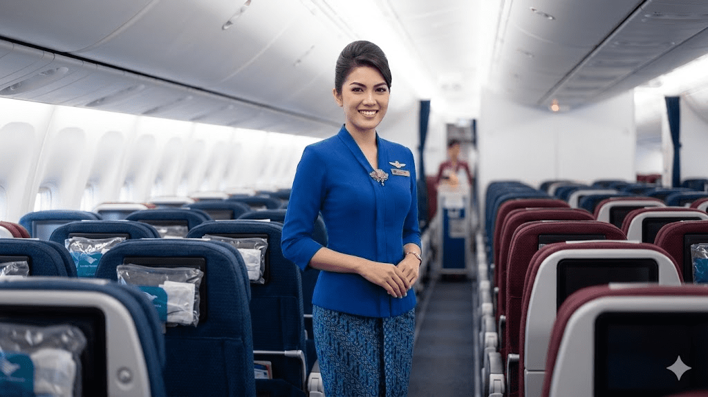 Pramugari Garuda Indonesia berdiri di dalam kabin pesawat dengan seragam resm