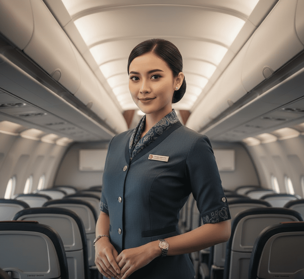 Pramugari profesional berdiri tenang di kabin pesawat dengan sikap percaya diri