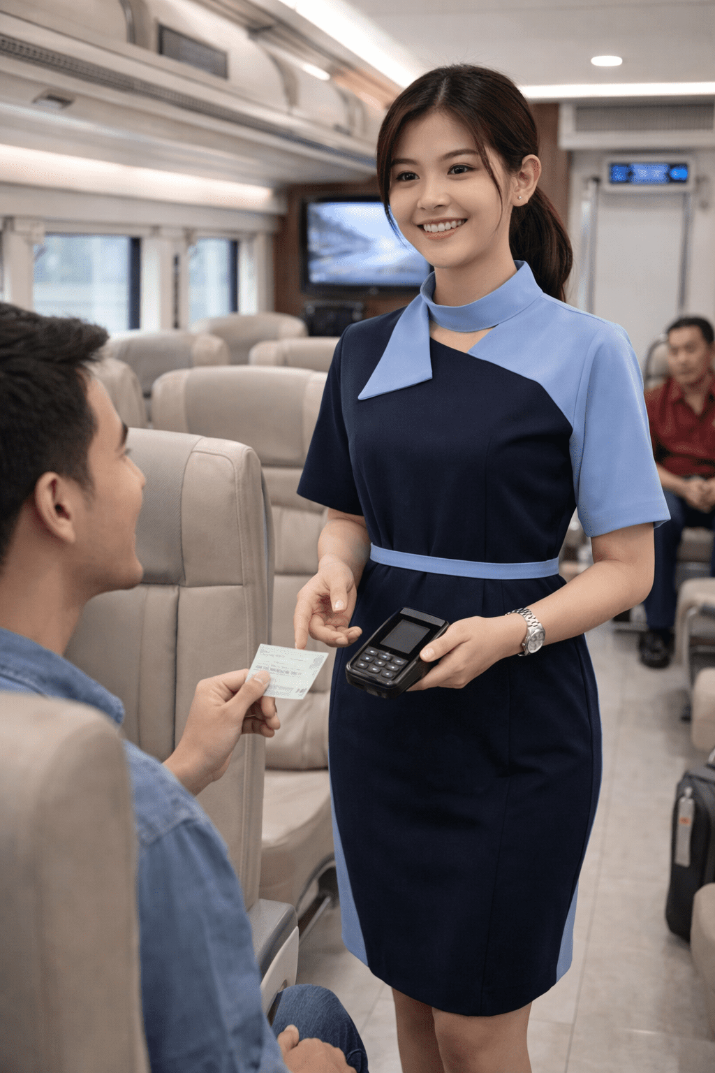 pramugari sedang menunjukkan Prospek Kerja Lulusan Sekolah Pramugari Kereta Api