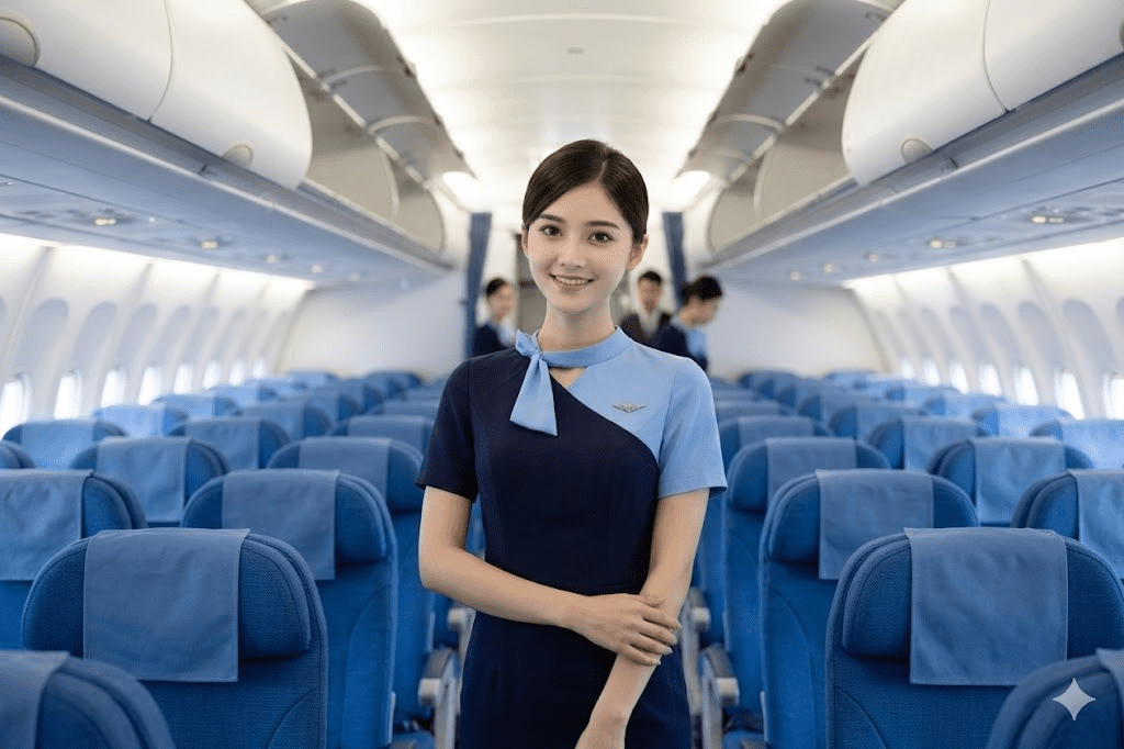 pramugari berdiri percaya diri di dalam kabin pesawat