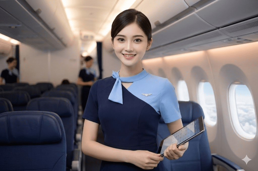 Pramugari berdiri di dalam kabin pesawat dengan latar kursi penumpang dan pencahayaan kabin yang elegan.