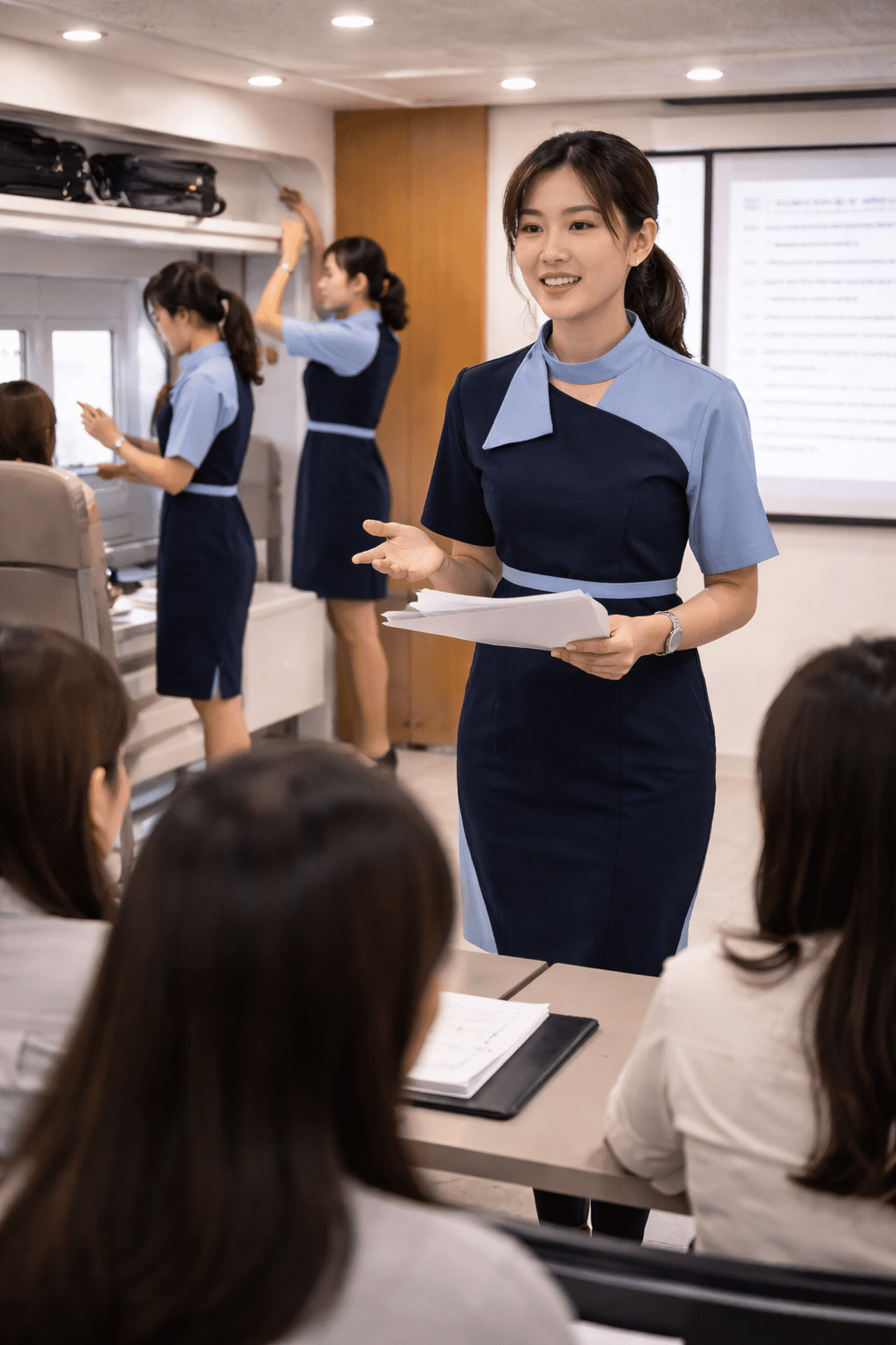 pramugari sedang menjelaskan atau menunjukkan Apakah Sekolah Pramugari Kereta Api Menjamin Kerja?