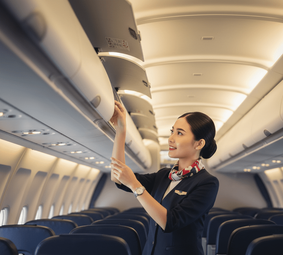 Pramugari memeriksa kompartemen bagasi kabin pesawat sebelum penerbangan