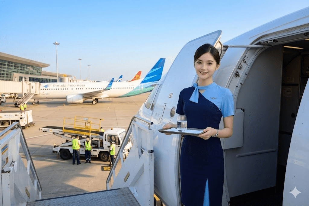 Pramugari berdiri di dekat pintu pesawat dengan latar belakang landasan bandara dan pesawat.