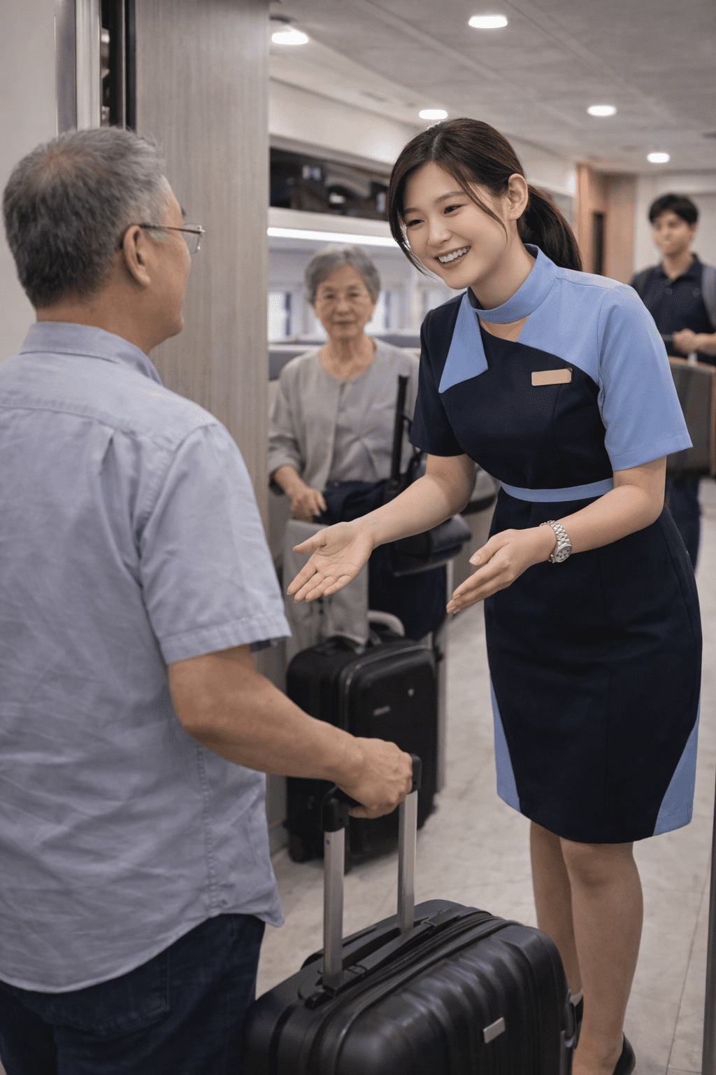 pramugari sedang menjalankan pekerjaan nya yaitu Tugas dan Tanggung Jawab Pramugari Kereta Api