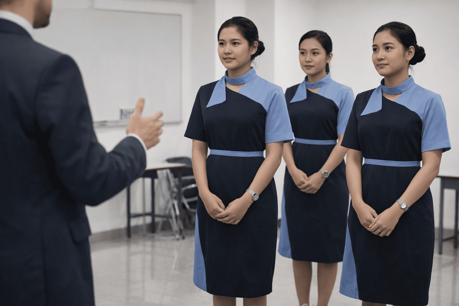 pramugari sedang diajarkan Materi yang Dipelajari di Sekolah Pramugari Kereta Api