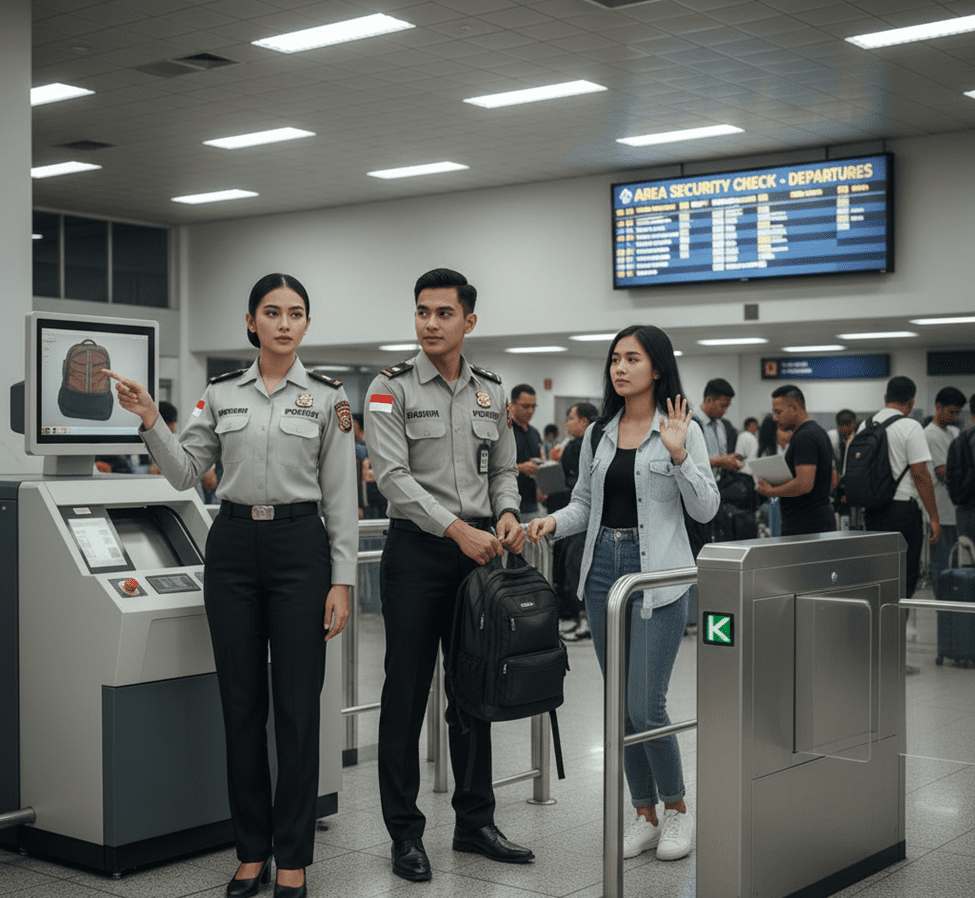 Proses security check di bandara dengan petugas keamanan memeriksa barang bawaan penumpang melalui mesin pemindai sebelum memasuki area keberangkatan.