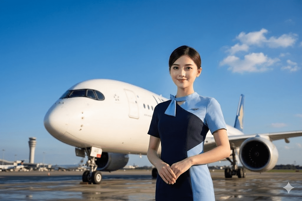 Pramugari berdiri di depan pesawat dengan latar langit cerah sambil membawa koper kecil.