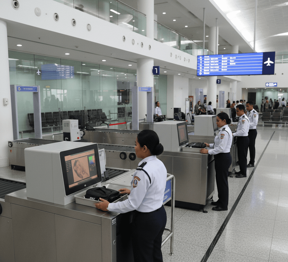 Petugas keamanan bandara memeriksa barang bawaan penumpang menggunakan mesin X-ray scanner di area pemeriksaan keamanan sebelum masuk ke ruang keberangkatan.